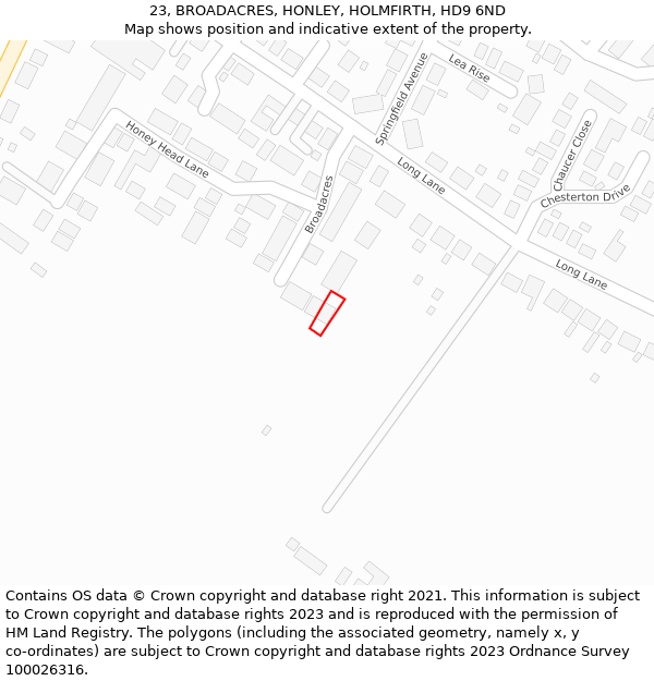 23, BROADACRES, HONLEY, HOLMFIRTH, HD9 6ND: Location map and indicative extent of plot