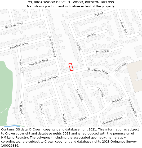 23, BROADWOOD DRIVE, FULWOOD, PRESTON, PR2 9SS: Location map and indicative extent of plot