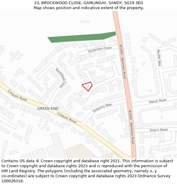 23, BROCKWOOD CLOSE, GAMLINGAY, SANDY, SG19 3EG: Location map and indicative extent of plot