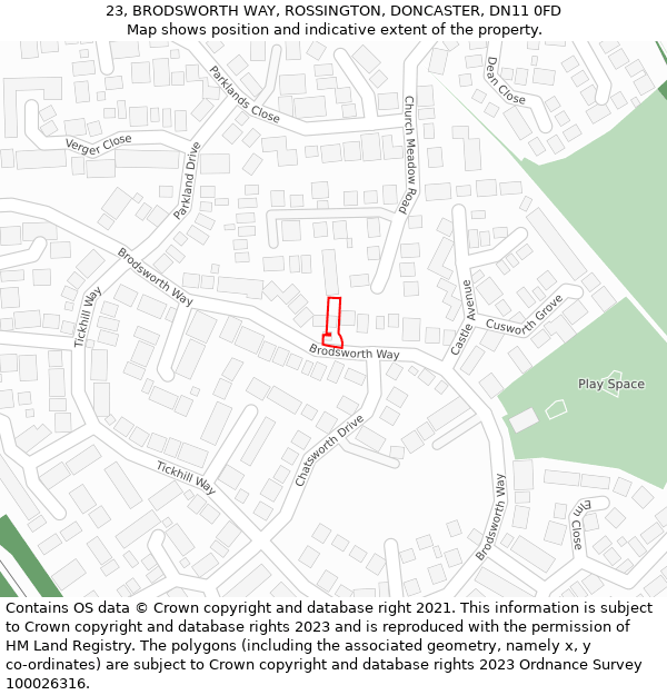 23, BRODSWORTH WAY, ROSSINGTON, DONCASTER, DN11 0FD: Location map and indicative extent of plot