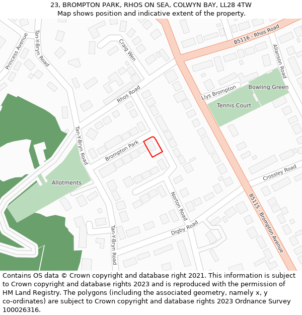 23, BROMPTON PARK, RHOS ON SEA, COLWYN BAY, LL28 4TW: Location map and indicative extent of plot