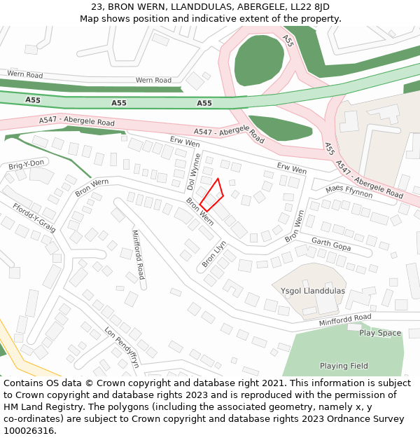 23, BRON WERN, LLANDDULAS, ABERGELE, LL22 8JD: Location map and indicative extent of plot