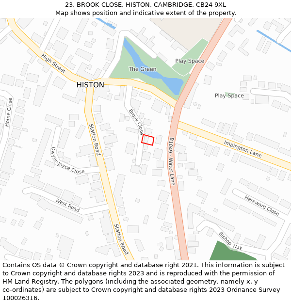 23, BROOK CLOSE, HISTON, CAMBRIDGE, CB24 9XL: Location map and indicative extent of plot