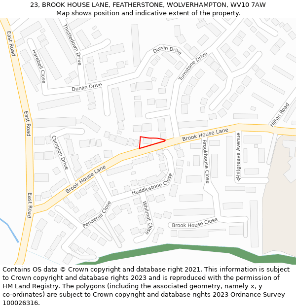 23, BROOK HOUSE LANE, FEATHERSTONE, WOLVERHAMPTON, WV10 7AW: Location map and indicative extent of plot