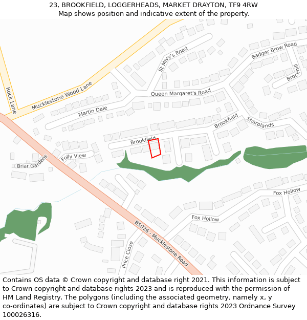 23, BROOKFIELD, LOGGERHEADS, MARKET DRAYTON, TF9 4RW: Location map and indicative extent of plot