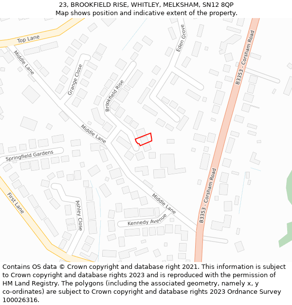 23, BROOKFIELD RISE, WHITLEY, MELKSHAM, SN12 8QP: Location map and indicative extent of plot