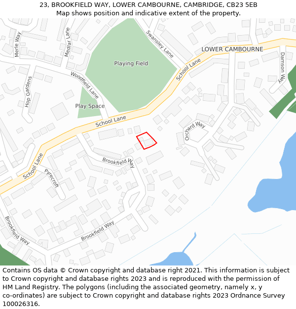 23, BROOKFIELD WAY, LOWER CAMBOURNE, CAMBRIDGE, CB23 5EB: Location map and indicative extent of plot