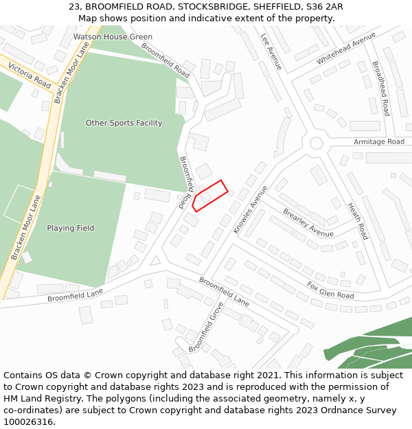 23, BROOMFIELD ROAD, STOCKSBRIDGE, SHEFFIELD, S36 2AR: Location map and indicative extent of plot