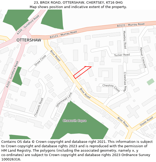 23, BROX ROAD, OTTERSHAW, CHERTSEY, KT16 0HG: Location map and indicative extent of plot