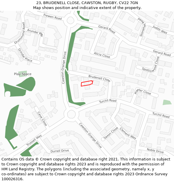 23, BRUDENELL CLOSE, CAWSTON, RUGBY, CV22 7GN: Location map and indicative extent of plot