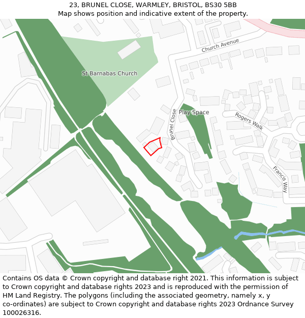 23, BRUNEL CLOSE, WARMLEY, BRISTOL, BS30 5BB: Location map and indicative extent of plot