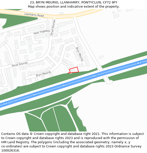 23, BRYN MEURIG, LLANHARRY, PONTYCLUN, CF72 9FY: Location map and indicative extent of plot