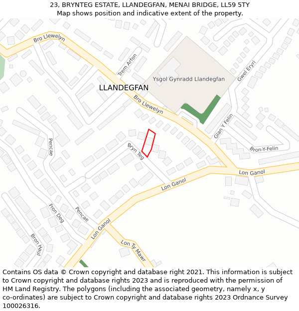 23, BRYNTEG ESTATE, LLANDEGFAN, MENAI BRIDGE, LL59 5TY: Location map and indicative extent of plot