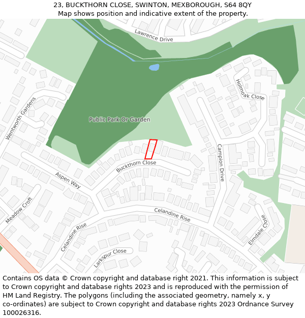 23, BUCKTHORN CLOSE, SWINTON, MEXBOROUGH, S64 8QY: Location map and indicative extent of plot