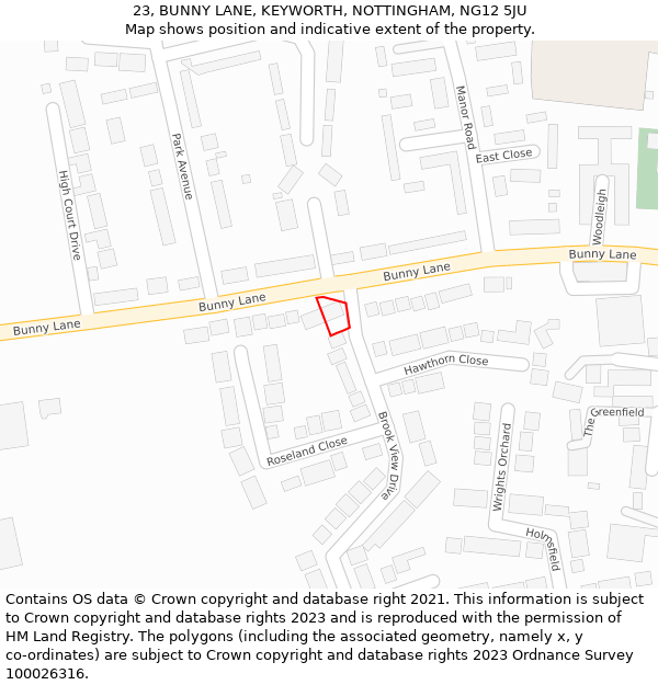 23, BUNNY LANE, KEYWORTH, NOTTINGHAM, NG12 5JU: Location map and indicative extent of plot