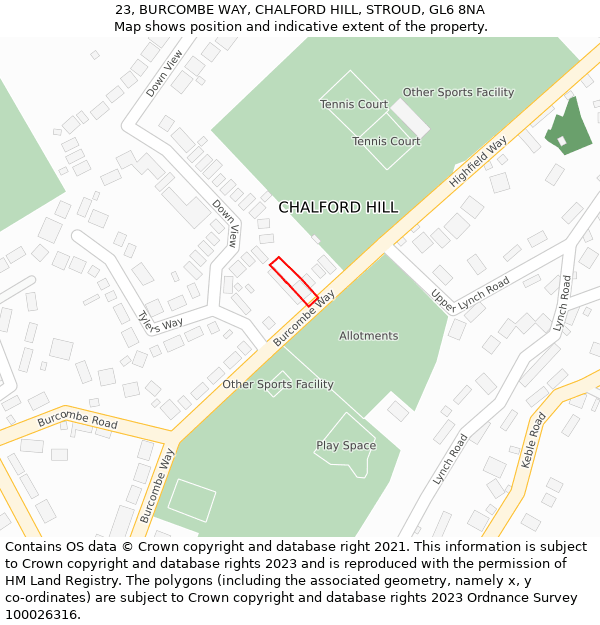 23, BURCOMBE WAY, CHALFORD HILL, STROUD, GL6 8NA: Location map and indicative extent of plot