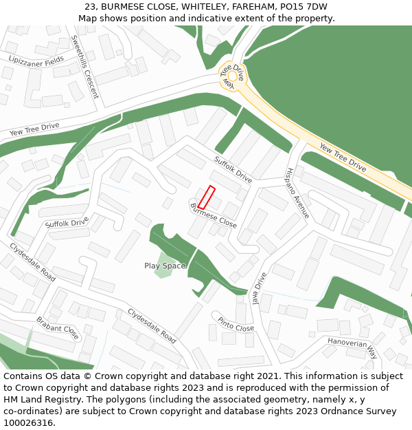 23, BURMESE CLOSE, WHITELEY, FAREHAM, PO15 7DW: Location map and indicative extent of plot