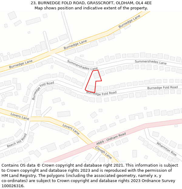 23, BURNEDGE FOLD ROAD, GRASSCROFT, OLDHAM, OL4 4EE: Location map and indicative extent of plot