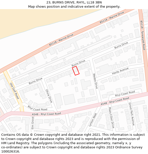 23, BURNS DRIVE, RHYL, LL18 3BN: Location map and indicative extent of plot