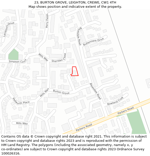 23, BURTON GROVE, LEIGHTON, CREWE, CW1 4TH: Location map and indicative extent of plot