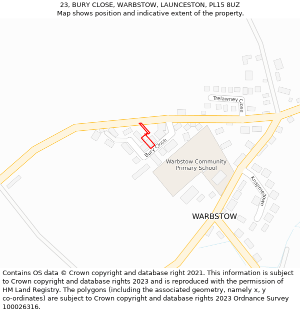 23, BURY CLOSE, WARBSTOW, LAUNCESTON, PL15 8UZ: Location map and indicative extent of plot