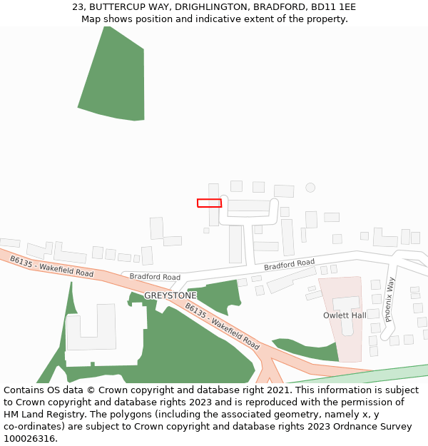 23, BUTTERCUP WAY, DRIGHLINGTON, BRADFORD, BD11 1EE: Location map and indicative extent of plot