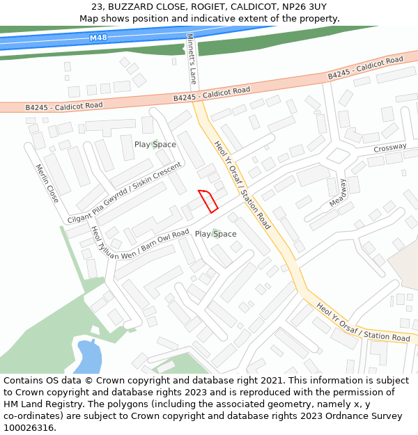 23, BUZZARD CLOSE, ROGIET, CALDICOT, NP26 3UY: Location map and indicative extent of plot