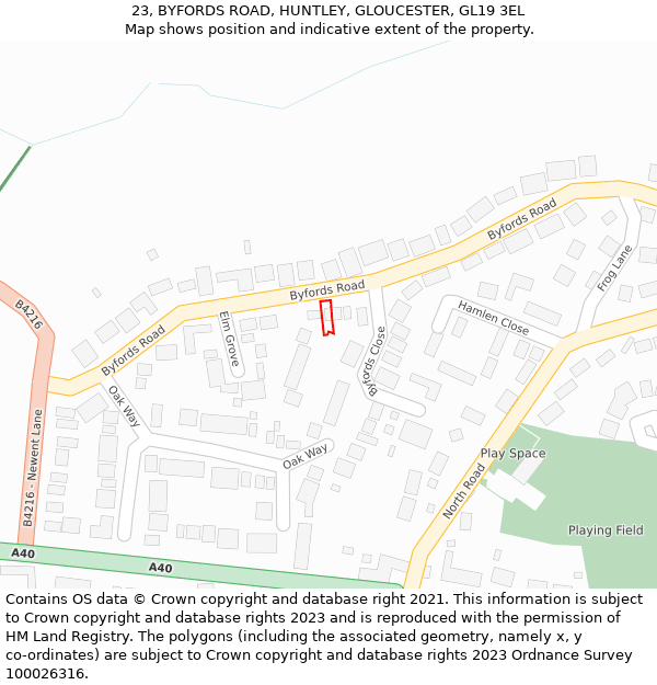 23, BYFORDS ROAD, HUNTLEY, GLOUCESTER, GL19 3EL: Location map and indicative extent of plot