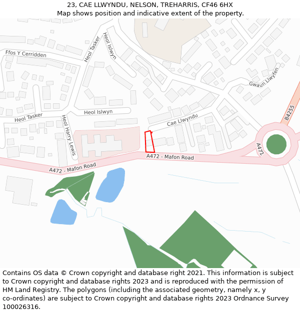 23, CAE LLWYNDU, NELSON, TREHARRIS, CF46 6HX: Location map and indicative extent of plot
