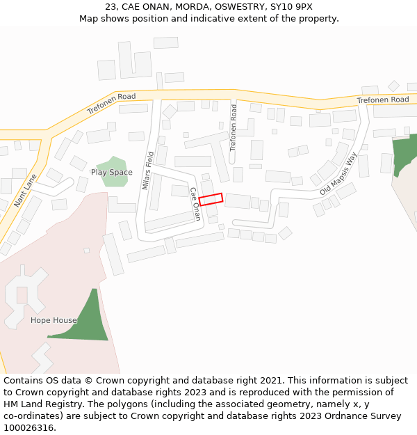 23, CAE ONAN, MORDA, OSWESTRY, SY10 9PX: Location map and indicative extent of plot