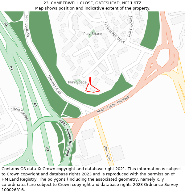 23, CAMBERWELL CLOSE, GATESHEAD, NE11 9TZ: Location map and indicative extent of plot