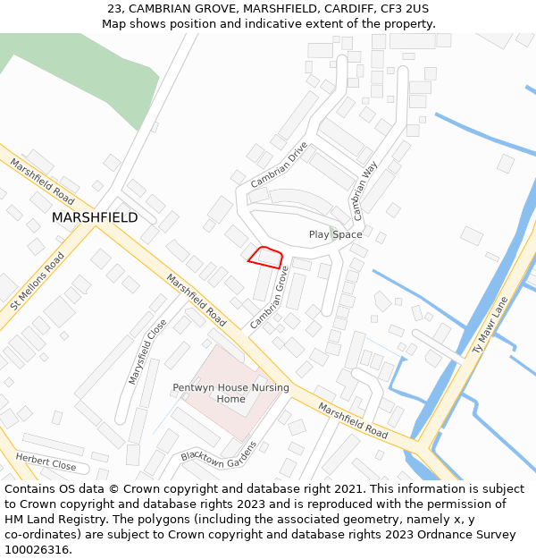 23, CAMBRIAN GROVE, MARSHFIELD, CARDIFF, CF3 2US: Location map and indicative extent of plot