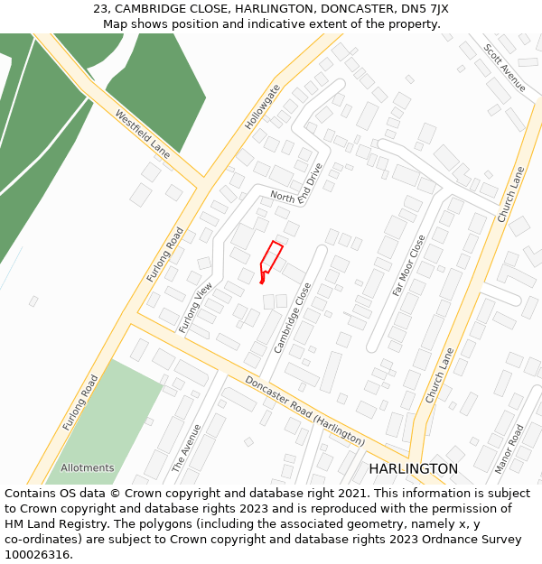 23, CAMBRIDGE CLOSE, HARLINGTON, DONCASTER, DN5 7JX: Location map and indicative extent of plot