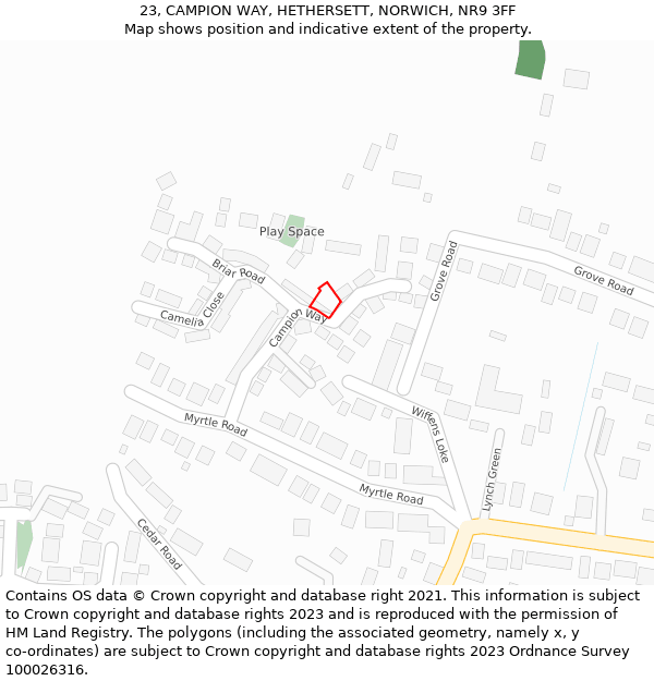 23, CAMPION WAY, HETHERSETT, NORWICH, NR9 3FF: Location map and indicative extent of plot