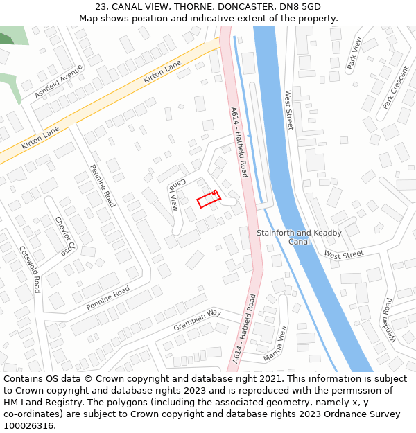 23, CANAL VIEW, THORNE, DONCASTER, DN8 5GD: Location map and indicative extent of plot