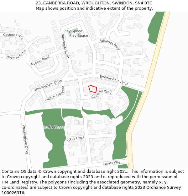 23, CANBERRA ROAD, WROUGHTON, SWINDON, SN4 0TG: Location map and indicative extent of plot