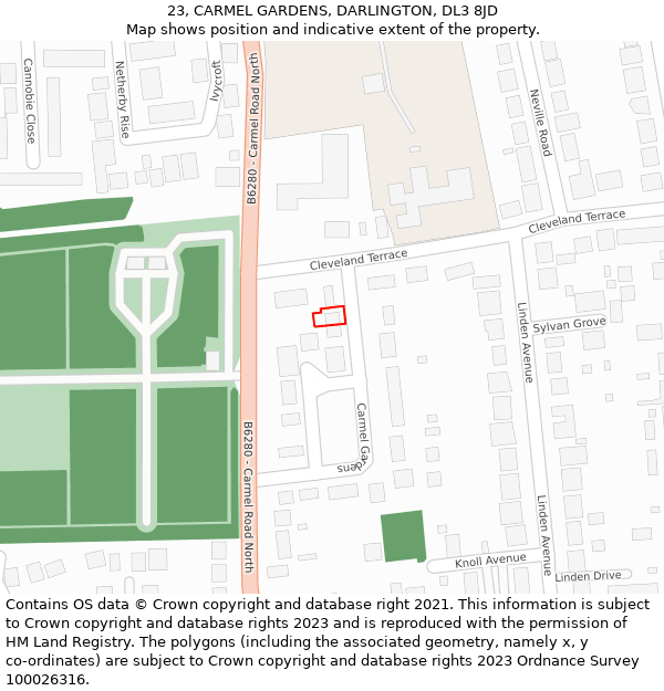 23, CARMEL GARDENS, DARLINGTON, DL3 8JD: Location map and indicative extent of plot