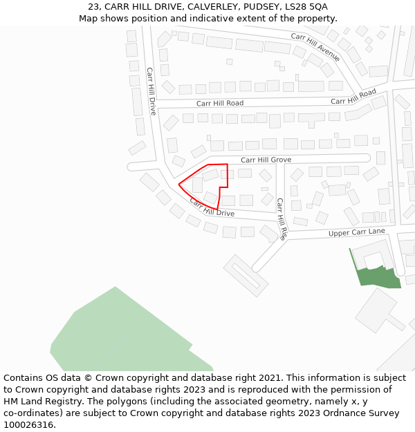 23, CARR HILL DRIVE, CALVERLEY, PUDSEY, LS28 5QA: Location map and indicative extent of plot