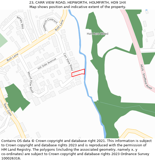 23, CARR VIEW ROAD, HEPWORTH, HOLMFIRTH, HD9 1HX: Location map and indicative extent of plot