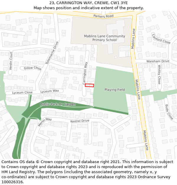 23, CARRINGTON WAY, CREWE, CW1 3YE: Location map and indicative extent of plot