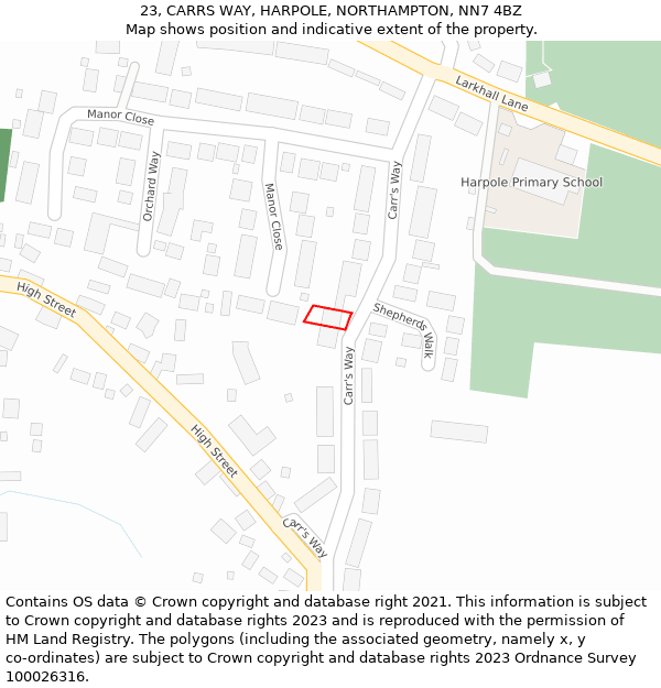 23, CARRS WAY, HARPOLE, NORTHAMPTON, NN7 4BZ: Location map and indicative extent of plot