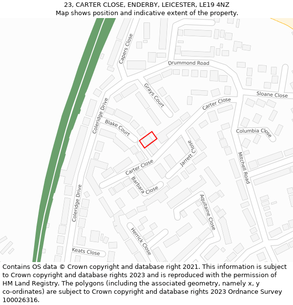 23, CARTER CLOSE, ENDERBY, LEICESTER, LE19 4NZ: Location map and indicative extent of plot