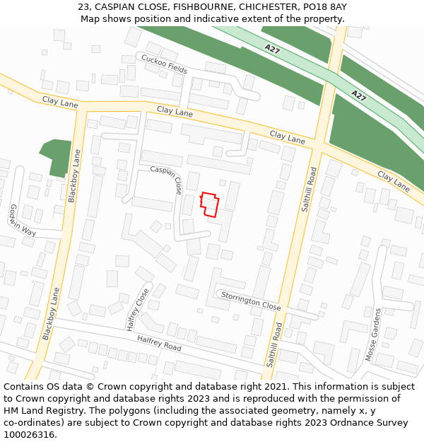 23, CASPIAN CLOSE, FISHBOURNE, CHICHESTER, PO18 8AY: Location map and indicative extent of plot