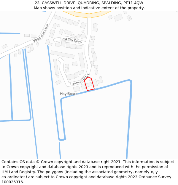 23, CASSWELL DRIVE, QUADRING, SPALDING, PE11 4QW: Location map and indicative extent of plot