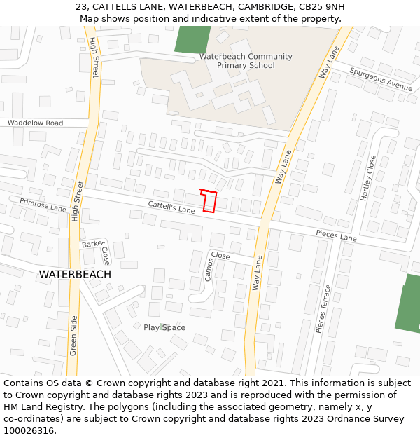 23, CATTELLS LANE, WATERBEACH, CAMBRIDGE, CB25 9NH: Location map and indicative extent of plot