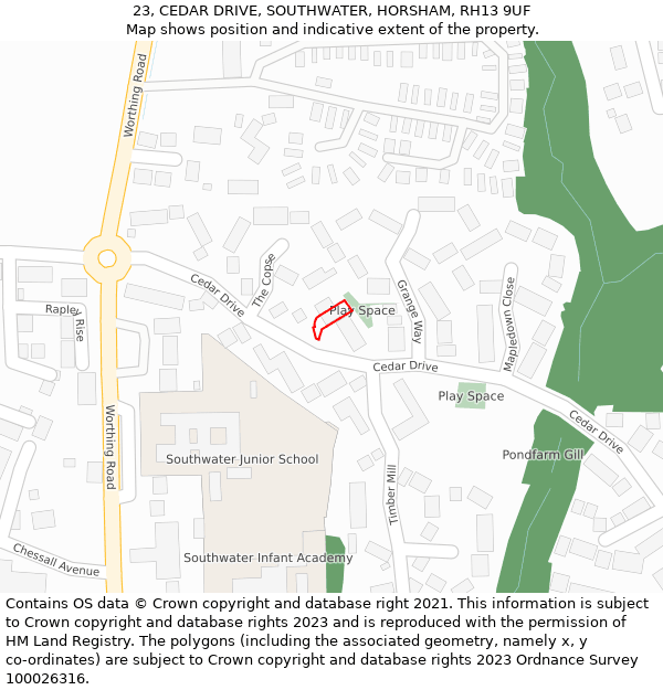 23, CEDAR DRIVE, SOUTHWATER, HORSHAM, RH13 9UF: Location map and indicative extent of plot