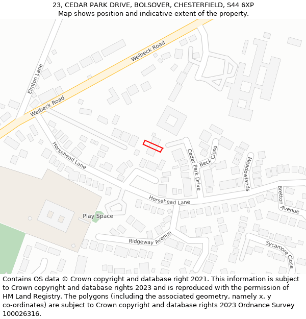 23, CEDAR PARK DRIVE, BOLSOVER, CHESTERFIELD, S44 6XP: Location map and indicative extent of plot