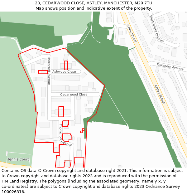 23, CEDARWOOD CLOSE, ASTLEY, MANCHESTER, M29 7TU: Location map and indicative extent of plot