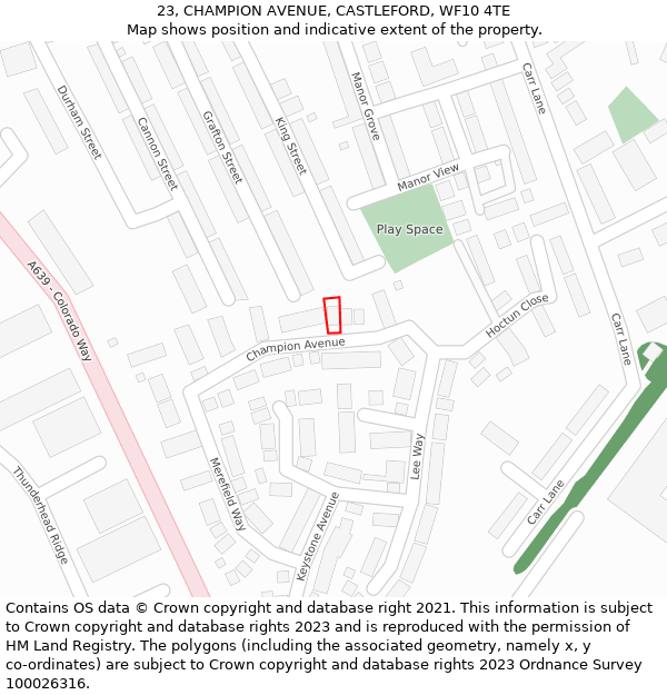 23, CHAMPION AVENUE, CASTLEFORD, WF10 4TE: Location map and indicative extent of plot