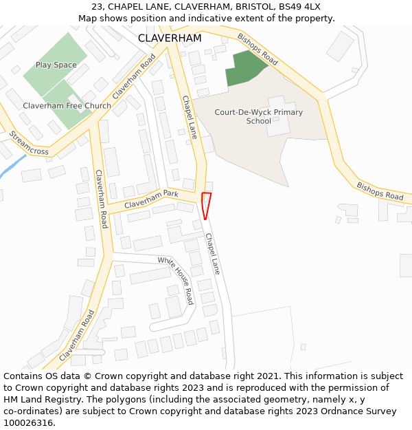 23, CHAPEL LANE, CLAVERHAM, BRISTOL, BS49 4LX: Location map and indicative extent of plot